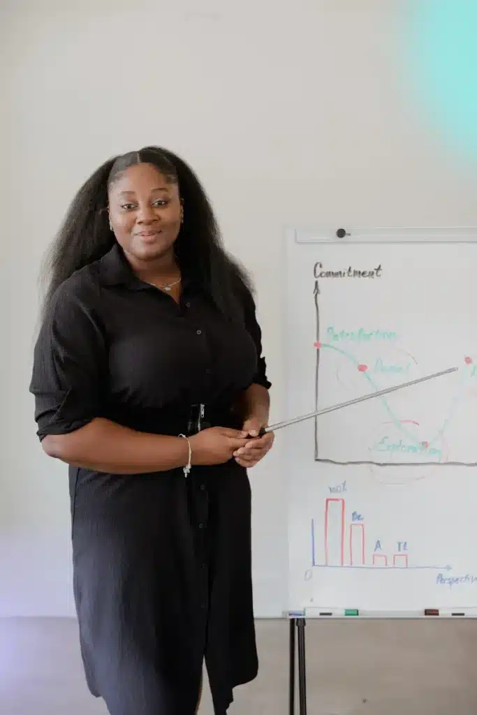 Black female business person with a pointer and a chart